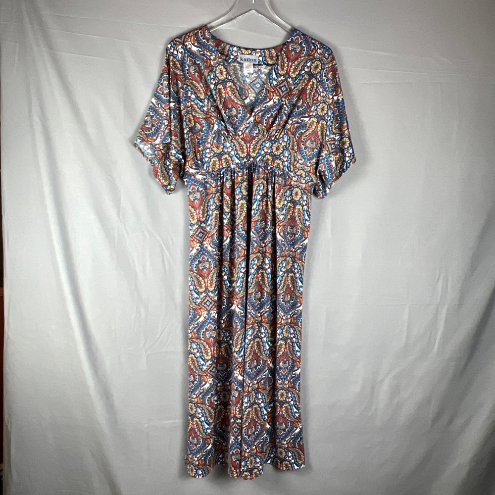 Karina Maxi Dress Womens S/M Multicolor Paisley Stretch Surplice Neck Pleated